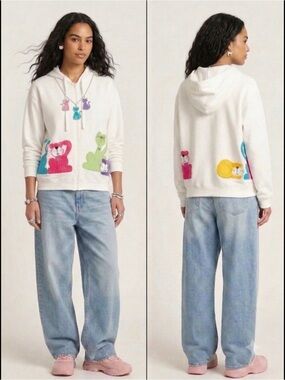 VINTAGE Lighthouse Apparel Cat Zip Up Novelty Hoodie White Graphic Embroidered L
